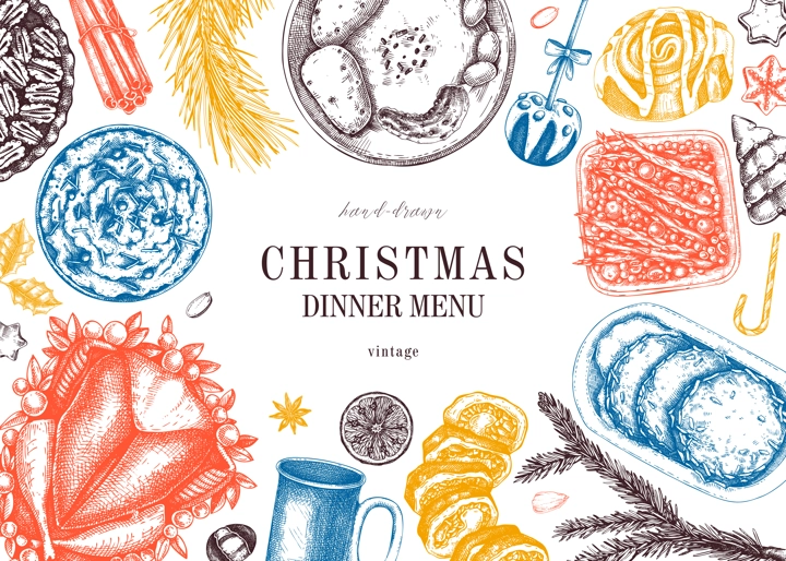 Christmas food background. Family dinner. Winter holiday menu. Traditional food design elements. Food and drink sketches set. Hand drawn vector illustration. Vintage banner template